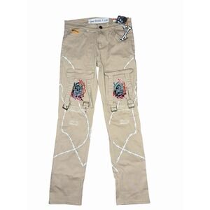 Mens Brand X Cargo Pants With Skull & Flame Graphic Barbed Wire Print - Size 32